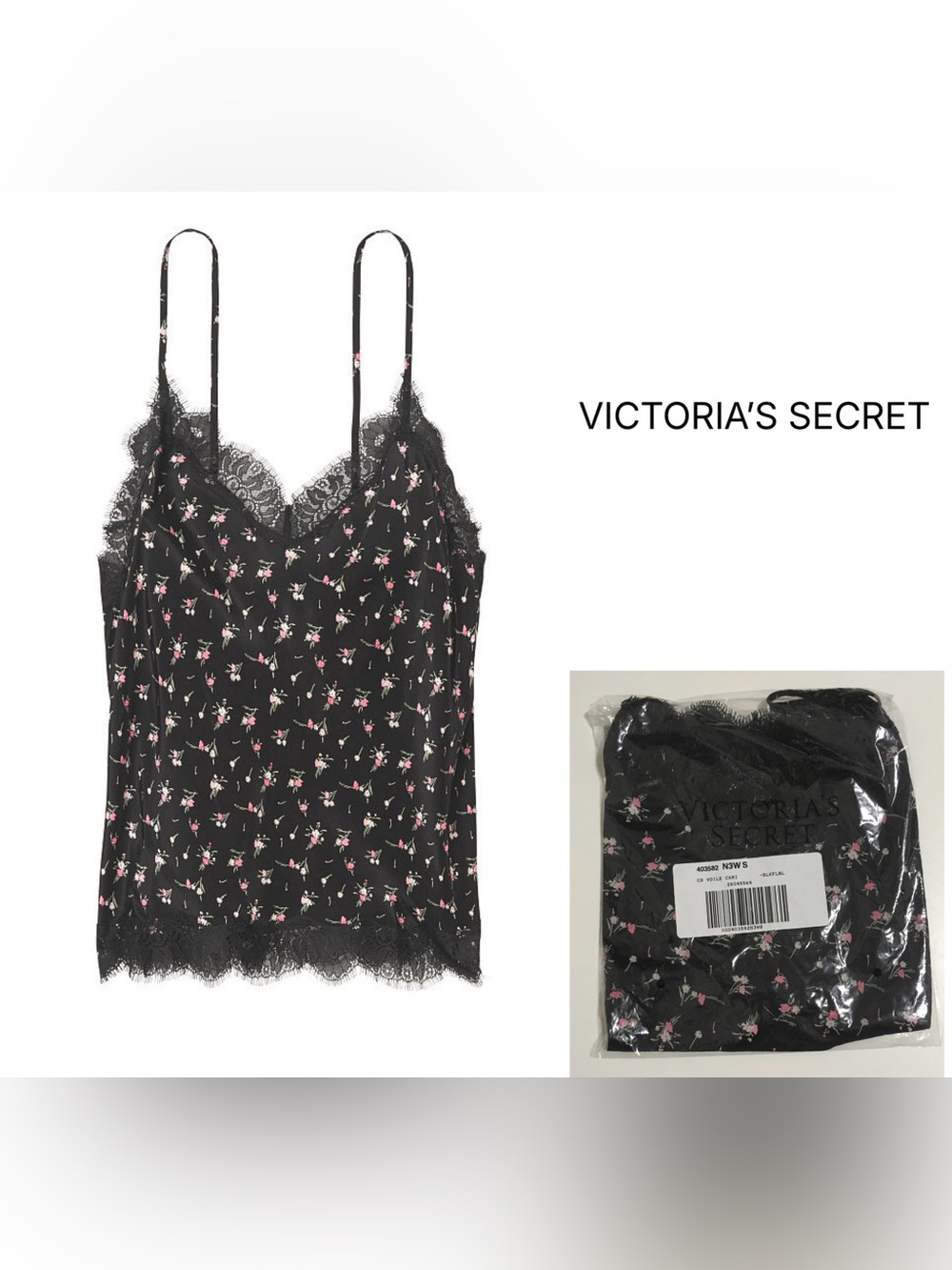 VICTORIA’S SECRET - S - NWT - BLACK FLORAL SILKY CAMI / CAMISOLE TANK TOP